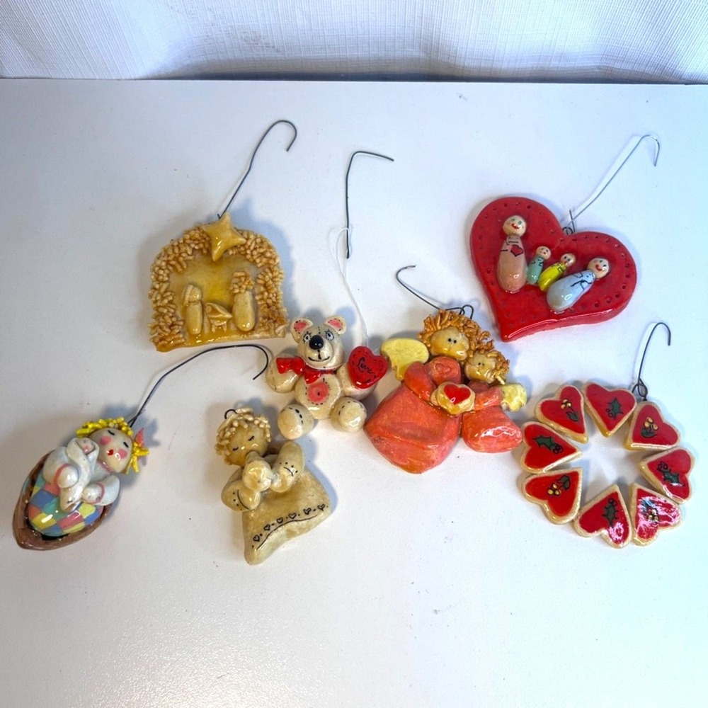 Handmade Clay Dough Christmas Ornaments Set of 7 Holiday Quirky Eclectic Novelty